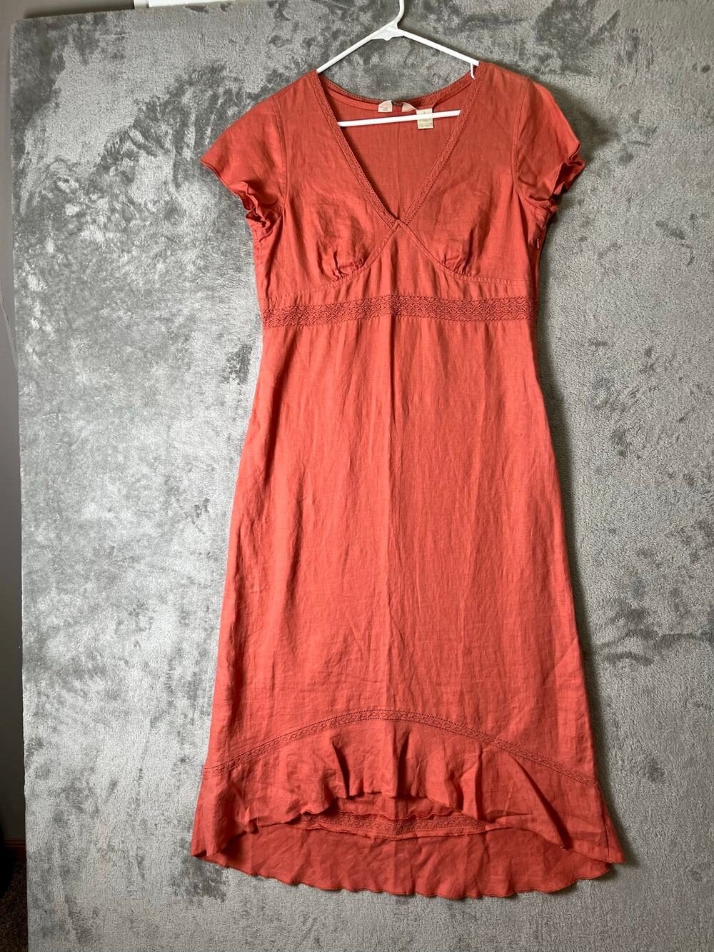 Vintage 100% Linen Babydoll Midi Dress Coral Lace Trim Hi Low Hem Boho Size M